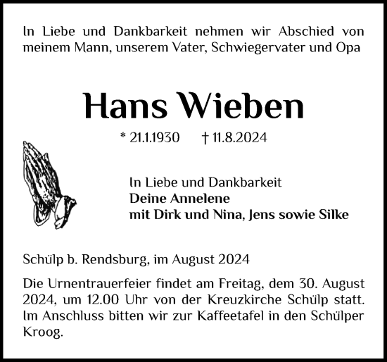 Traueranzeige von Hans Wieben von Schleswig-Holsteinische Landeszeitung