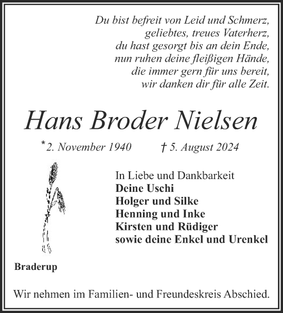 Traueranzeige von Hans Broder Nielsen von Husumer Nachrichten, Nordfriesland Tageblatt