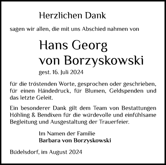 Traueranzeige von Hans Georg von Borzyskowski von Schleswig-Holsteinische Landeszeitung