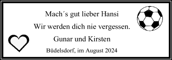 Traueranzeige von Hansi  von Schleswig-Holsteinische Landeszeitung