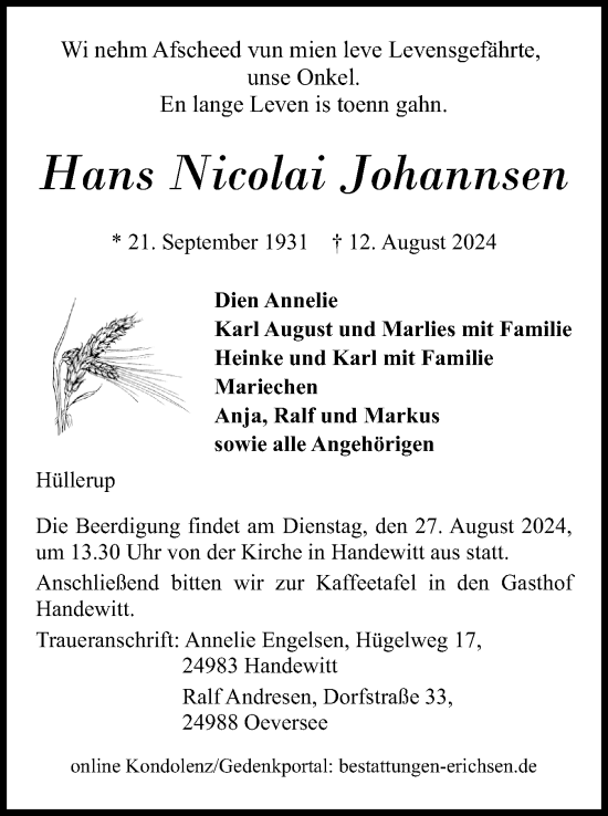 Traueranzeige von Hans Nicolai Johannsen von Flensburger Tageblatt