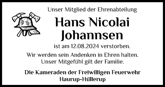 Traueranzeige von Hans Nicolai Johannsen von Flensburger Tageblatt