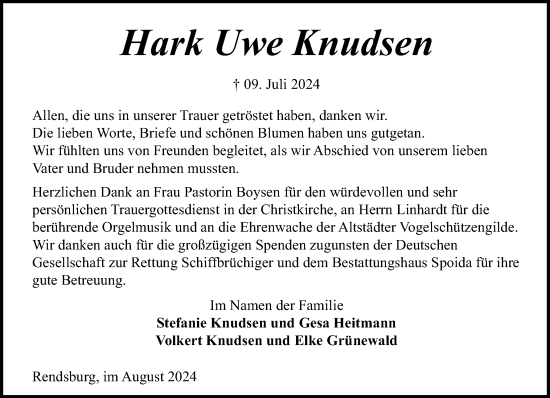 Traueranzeige von Hark Uwe Knudsen von Schleswig-Holsteinische Landeszeitung