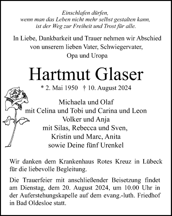 Traueranzeige von Hartmut Glaser von Stormaner Tageblatt