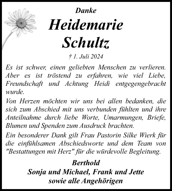 Traueranzeige von Heidemarie Schultz von Flensburger Tageblatt