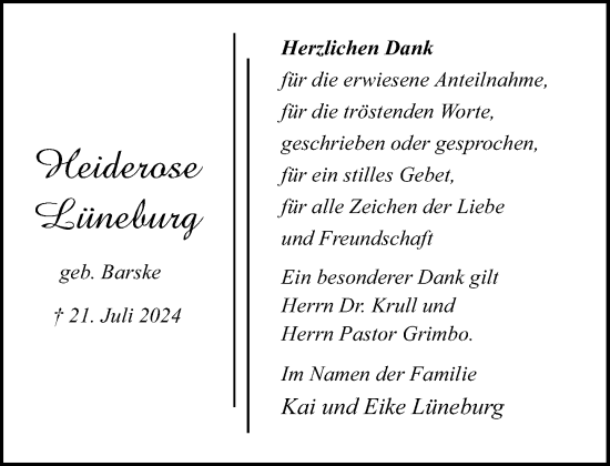 Traueranzeige von Heiderose Lüneburg von Stormaner Tageblatt