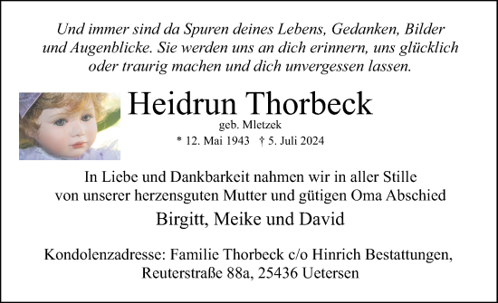 Traueranzeige von Heidrun Thorbeck von Uetersener Nachrichten, Der tip am Wochenende
