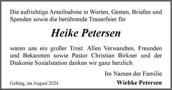 Traueranzeige von Heike Petersen von Flensburger Tageblatt, Schleswiger Nachrichten, Schlei-Bote