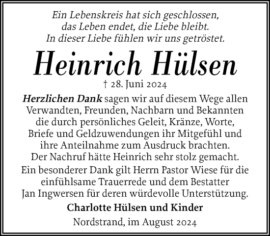 Traueranzeige von Heinrich Hülsen von Husumer Nachrichten, Nordfriesland Tageblatt