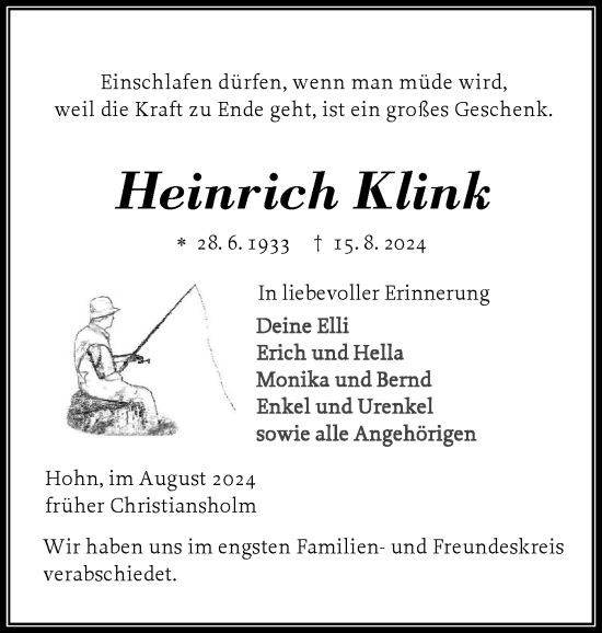 Traueranzeige von Heinrich Klink von Schleswig-Holsteinische Landeszeitung