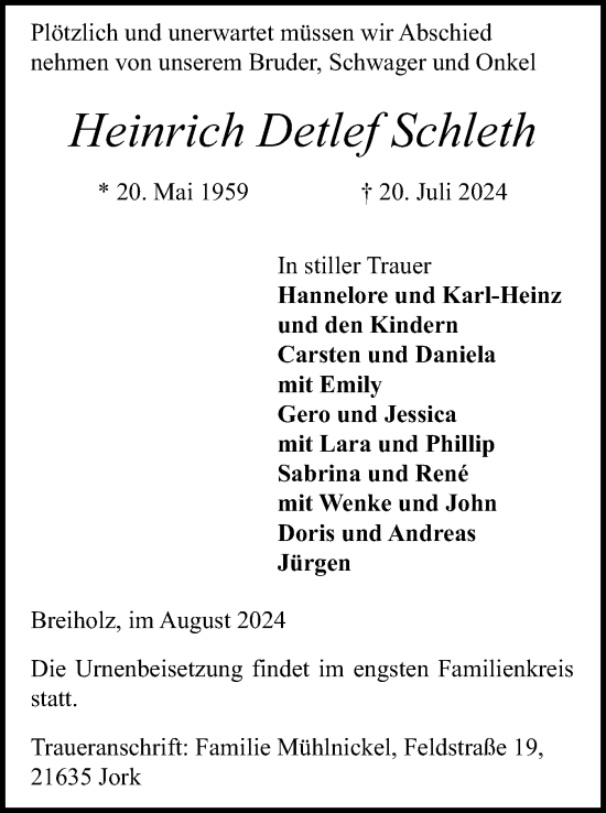 Traueranzeige von Heinrich Detlef Schleth von Schleswig-Holsteinische Landeszeitung