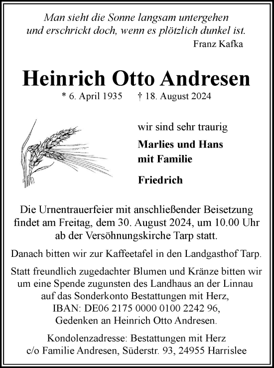 Traueranzeige von Heinrich Otto Andresen von Flensburger Tageblatt