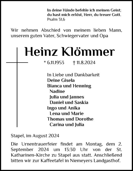 Traueranzeige von Heinz Klömmer von Husumer Nachrichten, Nordfriesland Tageblatt