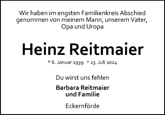 Traueranzeige von Heinz Reitmaier von Eckernförder Zeitung, Hallo Eckernförde