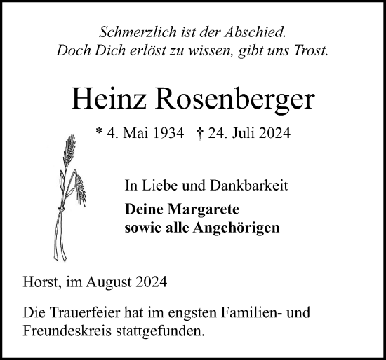 Traueranzeige von Heinz Rosenberger von Elmshorner Nachrichten, Barmstedter Zeitung