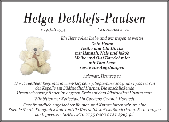 Traueranzeige von Helga Dethlefs-Paulsen von Husumer Nachrichten, Nordfriesland Tageblatt