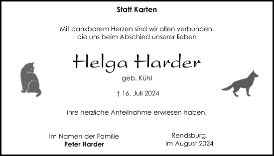 Traueranzeige von Helga Harder von Schleswig-Holsteinische Landeszeitung