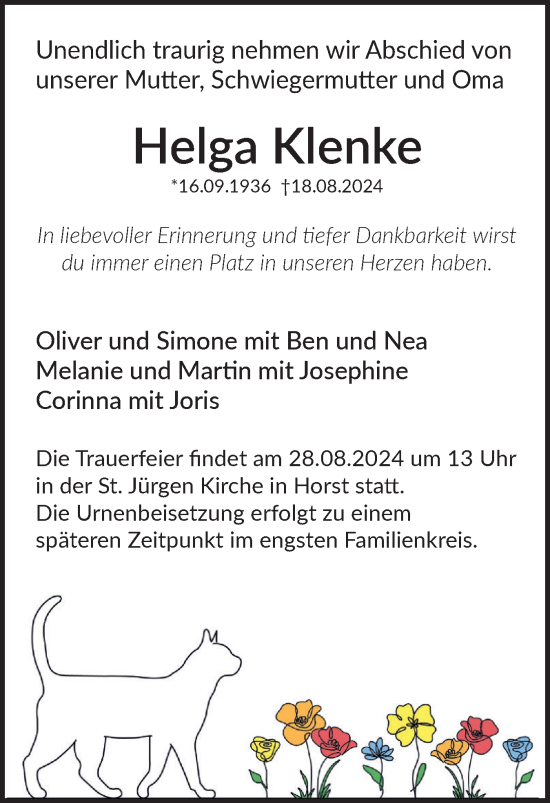 Traueranzeige von Helga Klenke von Elmshorner Nachrichten, Barmstedter Zeitung