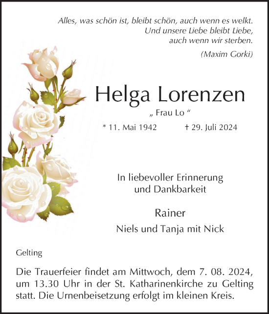 Traueranzeige von Helga Lorenzen von Flensburger Tageblatt