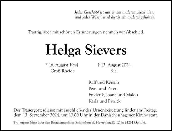 Traueranzeige von Helga Sievers von Eckernförder Zeitung, Hallo Eckernförde