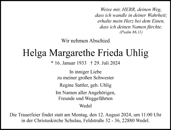 Traueranzeige von Helga Margarethe Frieda Uhlig von Wedel-Schulauer Tageblatt, tip Wedel-Schulauer Tageblatt, tip Rissener Rundschau