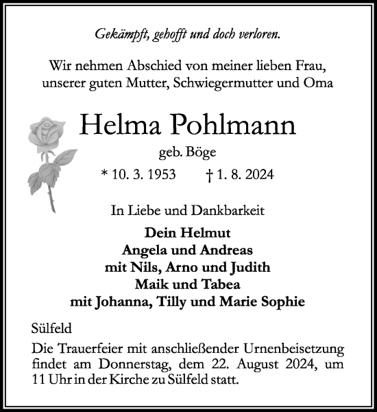 Traueranzeige von Helma Pohlmann von Stormaner Tageblatt