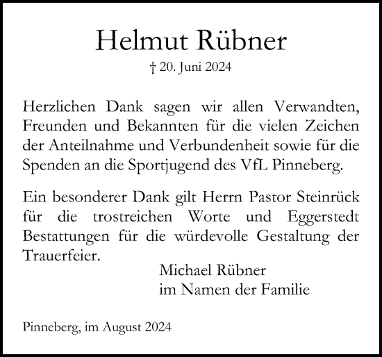 Traueranzeige von Helmut Rübner von Region Pinneberg und tip Pinneberg