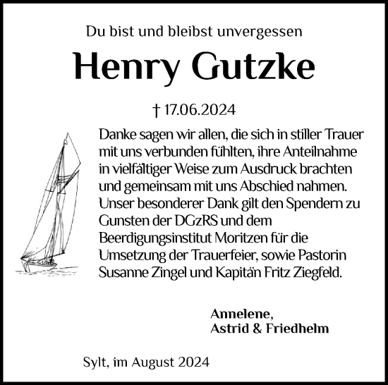 Traueranzeige von Henry Gutzke von Sylter Rundschau