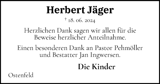 Traueranzeige von Herbert Jäger von Husumer Nachrichten, Nordfriesland Tageblatt