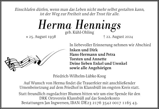 Traueranzeige von Herma Hennings von Husumer Nachrichten, Nordfriesland Tageblatt