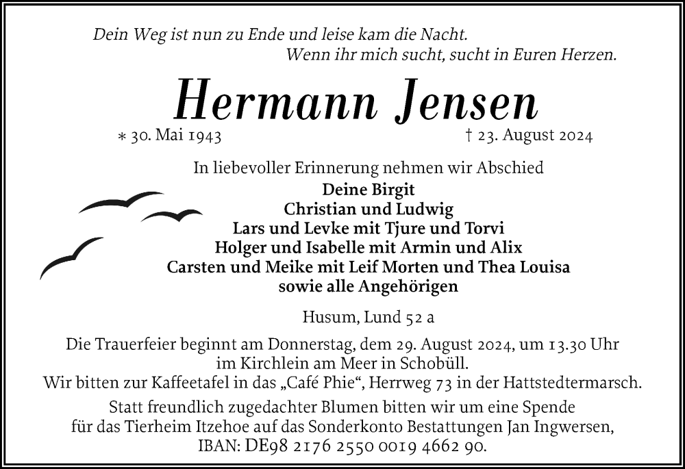  Traueranzeige für Hermann Jensen vom 27.08.2024 aus Husumer Nachrichten, Nordfriesland Tageblatt