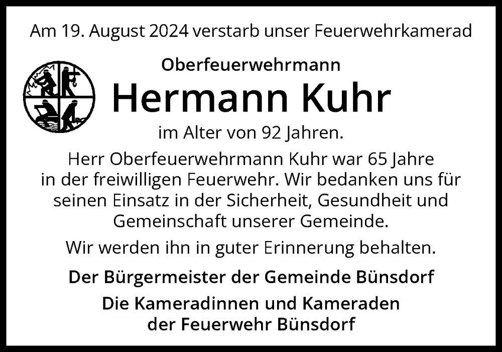  Traueranzeige für Hermann Kuhr vom 31.08.2024 aus Schleswig-Holsteinische Landeszeitung