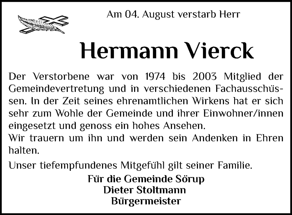  Traueranzeige für Hermann Vierck vom 10.08.2024 aus Flensburger Tageblatt