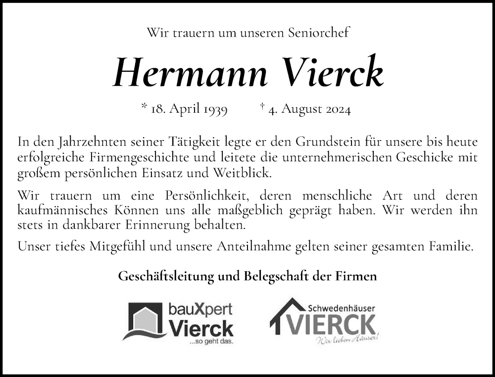  Traueranzeige für Hermann Vierck vom 10.08.2024 aus Flensburger Tageblatt