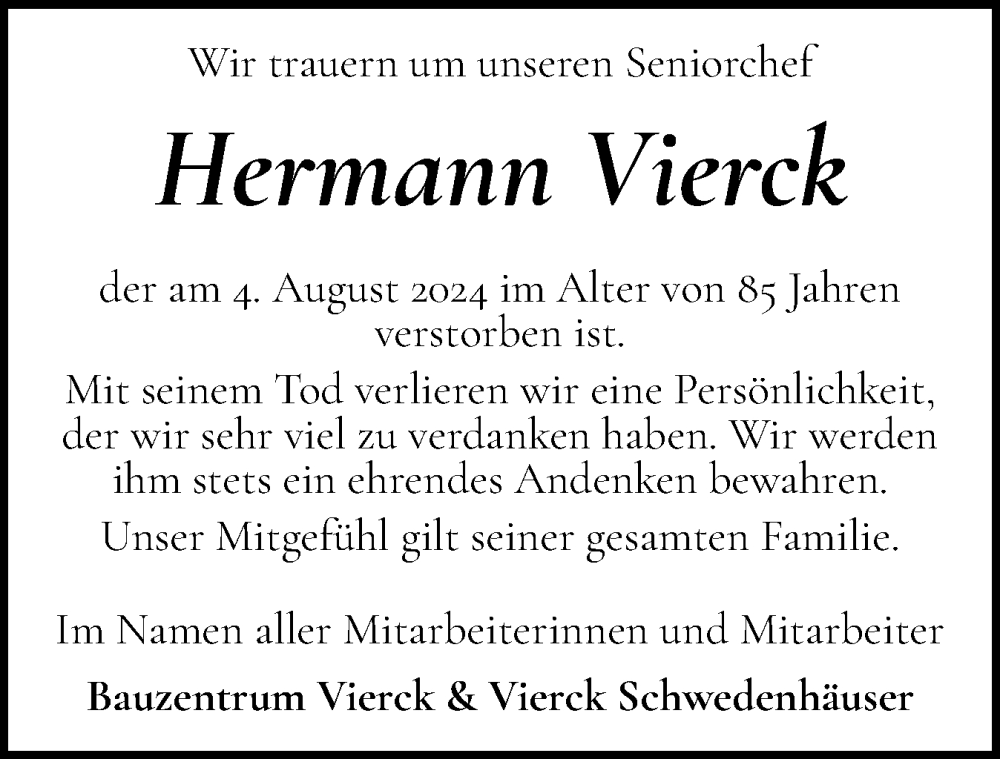  Traueranzeige für Hermann Vierck vom 10.08.2024 aus Flensburger Tageblatt