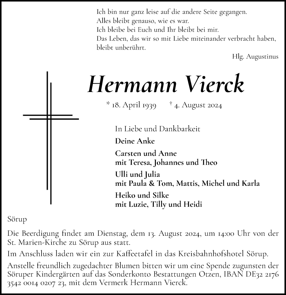  Traueranzeige für Hermann Vierck vom 10.08.2024 aus Flensburger Tageblatt, Schleswiger Nachrichten, Schlei-Bote