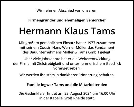 Traueranzeige von Hermann Klaus Tams von Schleswiger Nachrichten, Schlei-Bote