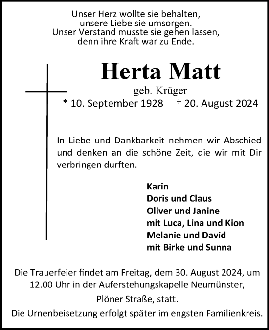 Traueranzeige von Herta Matt von Holsteinischer Courier