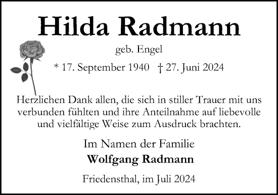 Traueranzeige von Hilda Radmann von Eckernförder Zeitung, Hallo Eckernförde