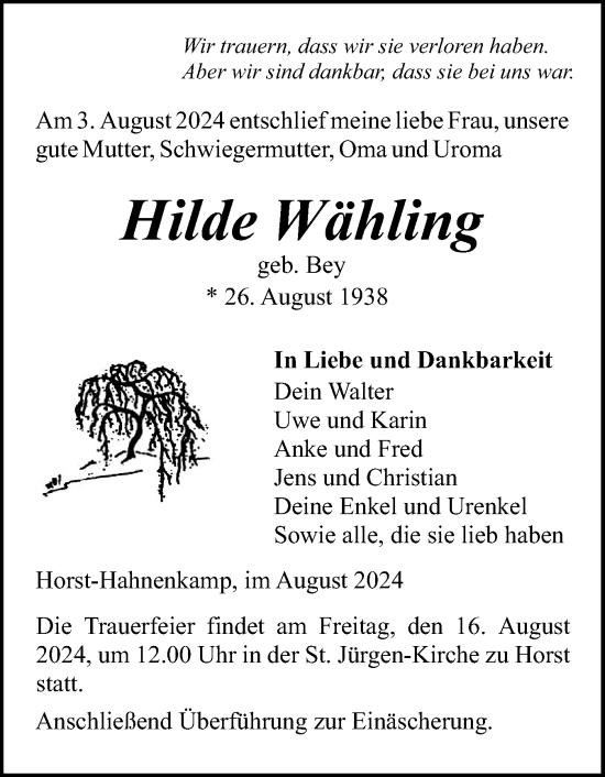 Traueranzeige von Hilde Wähling von Elmshorner Nachrichten, Barmstedter Zeitung