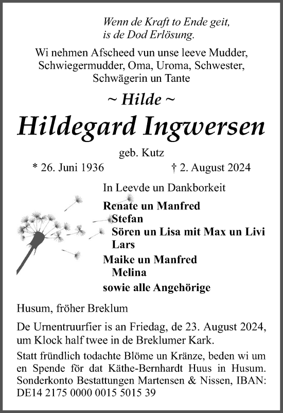 Traueranzeige von Hildegard Ingwersen von Husumer Nachrichten, Nordfriesland Tageblatt