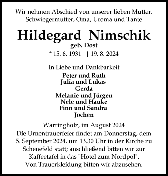 Traueranzeige von Hildegard Nimschik von Norddeutsche Rundschau, Wilstersche Zeitung, Glückstädter Fortuna