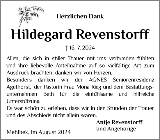 Traueranzeige von Hildegard Revenstorff von Norddeutsche Rundschau, Wilstersche Zeitung, Glückstädter Fortuna