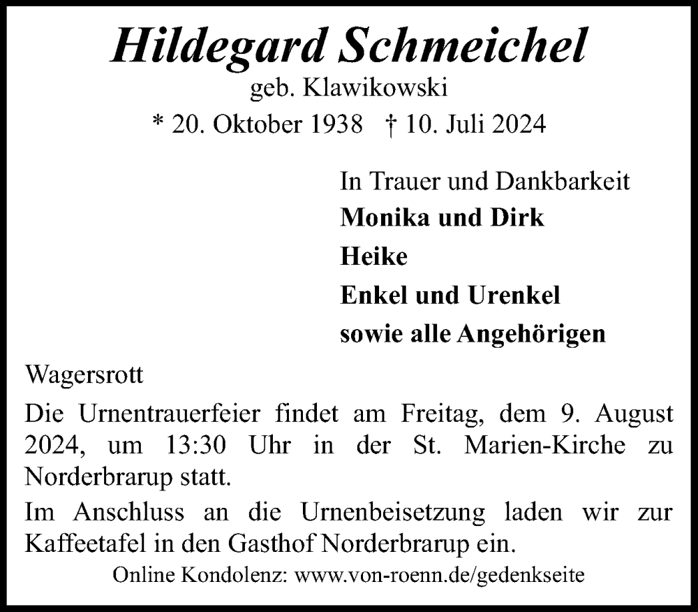  Traueranzeige für Hildegard Schmeichel vom 03.08.2024 aus Schleswiger Nachrichten, Schlei-Bote