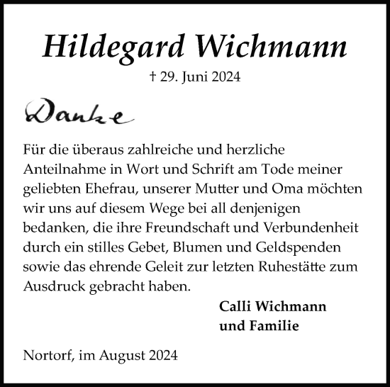 Traueranzeige von Hildegard Wichmann von Schleswig-Holsteinische Landeszeitung