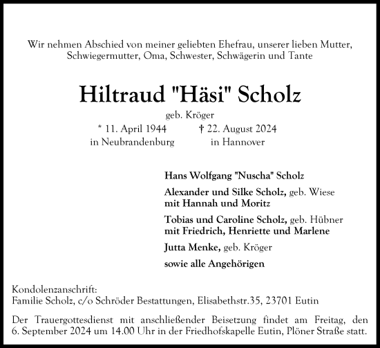 Traueranzeige von Hiltraud Scholz von Ostholsteiner Anzeiger
