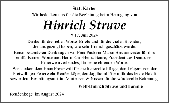 Traueranzeige von Hinrich  Struve von Region Westküste