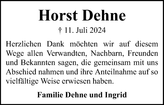 Traueranzeige von Horst Dehne von Flensburger Tageblatt