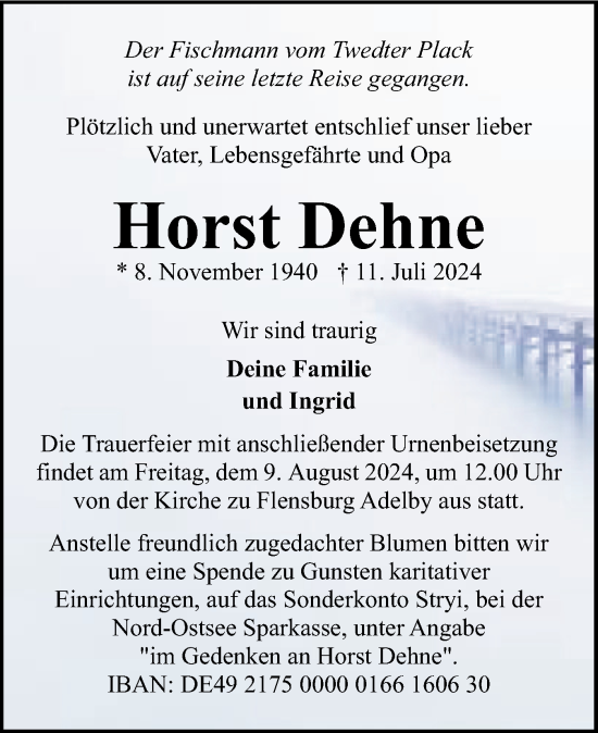 Traueranzeige von Horst Dehne von Flensburger Tageblatt