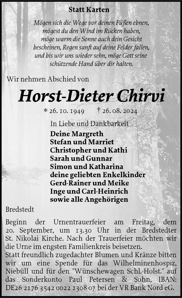  Traueranzeige für Horst-Dieter Chirvi vom 31.08.2024 aus Husumer Nachrichten, Nordfriesland Tageblatt